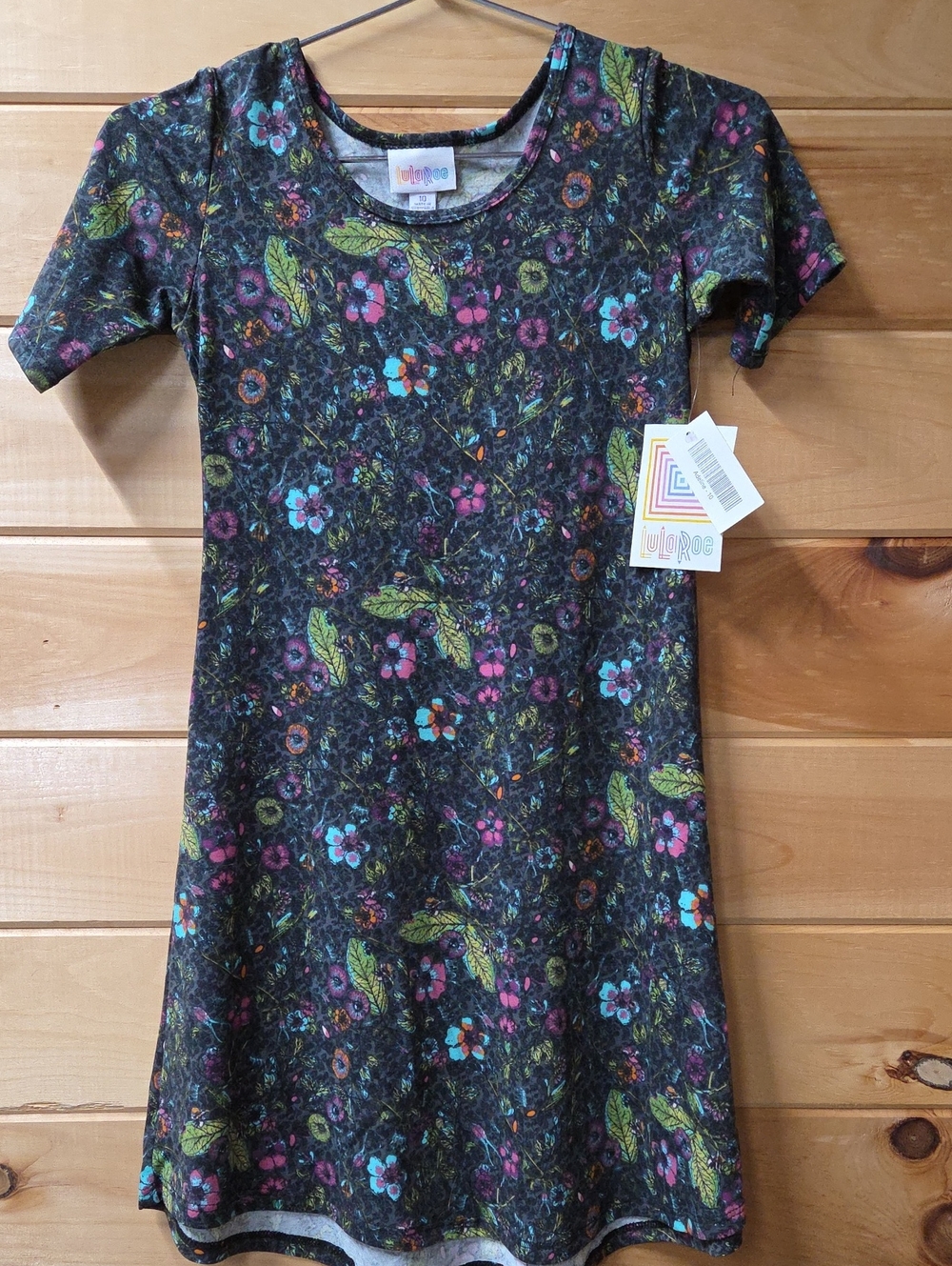 LuLaRoe Girls Adeline Dark Floral A-Line Dress with Pink, Blue & Green Accents
